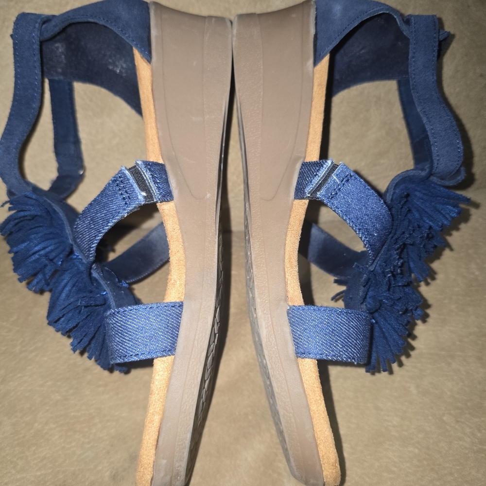 Minnetonka Desi Fringe Wedge Sandal Navy Leather Size 10 - Picture 3 of 11
